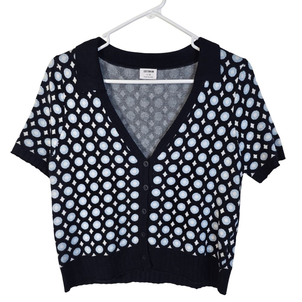 Cotton On Sweater Women's L Blue White Knit Circle Print Tennis Pickle Ball